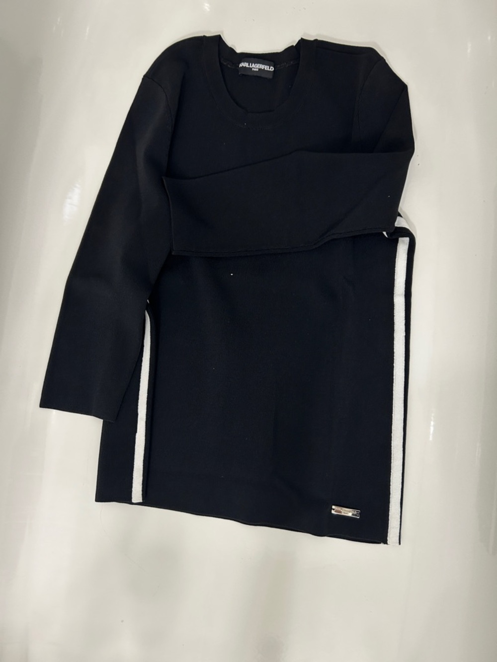 Karl Lagerfeld Black Top with White Side Stripes